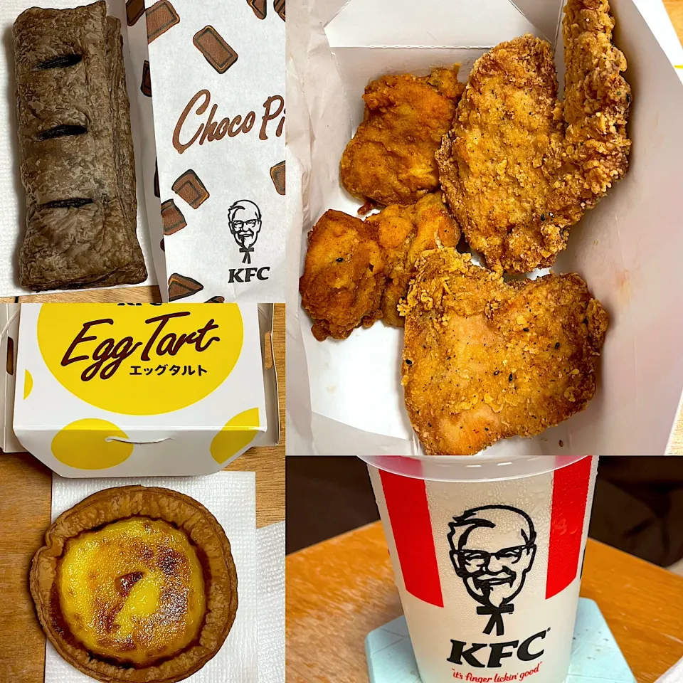 Snapdishの料理写真:KFC にんにく醤油チキン🍗🧄　エッグタルト🥧　チョコパイ🍫🥧　レモネード🍋🥤　オリジナルチキン🍗|るみおんさん