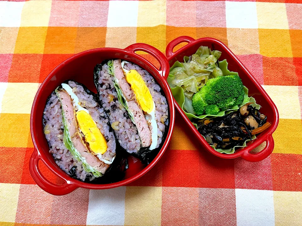 スパム卵おにぎらず、キャベツ胡麻酢醤油あえ、ひじきと豆の煮物|jackybeanさん