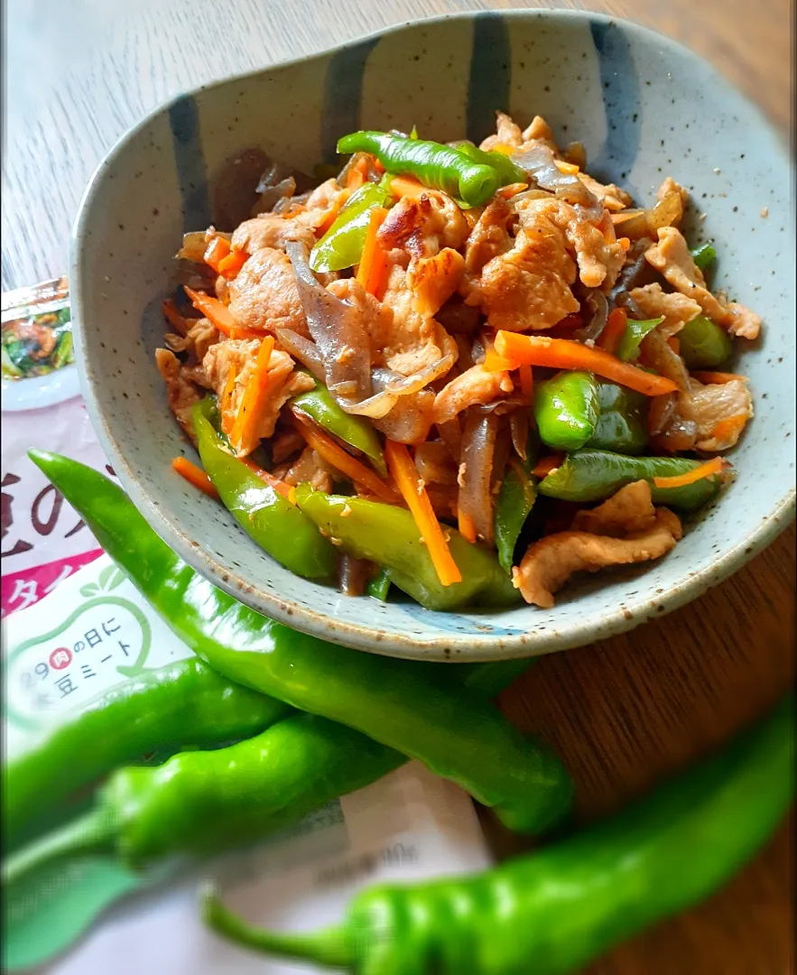 Snapdishの料理写真:万願寺とうがらしと大豆ミートの塩麹炒め煮|fumfumさん