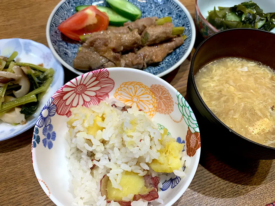 さつまいもご飯、アスパラの肉巻き|あつこさん