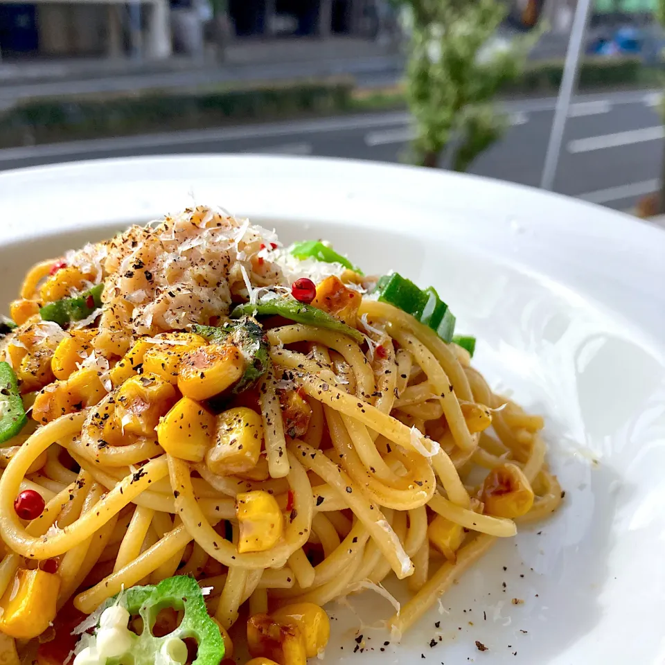 チキンとオクラ、コーンのスパゲッティ|Kさん