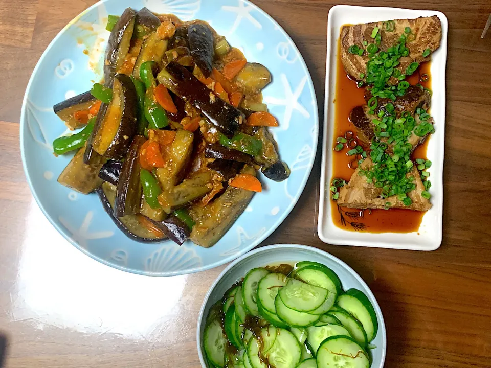 麻婆茄子とチャーシューときゅうりの酢の物|あゆみさん