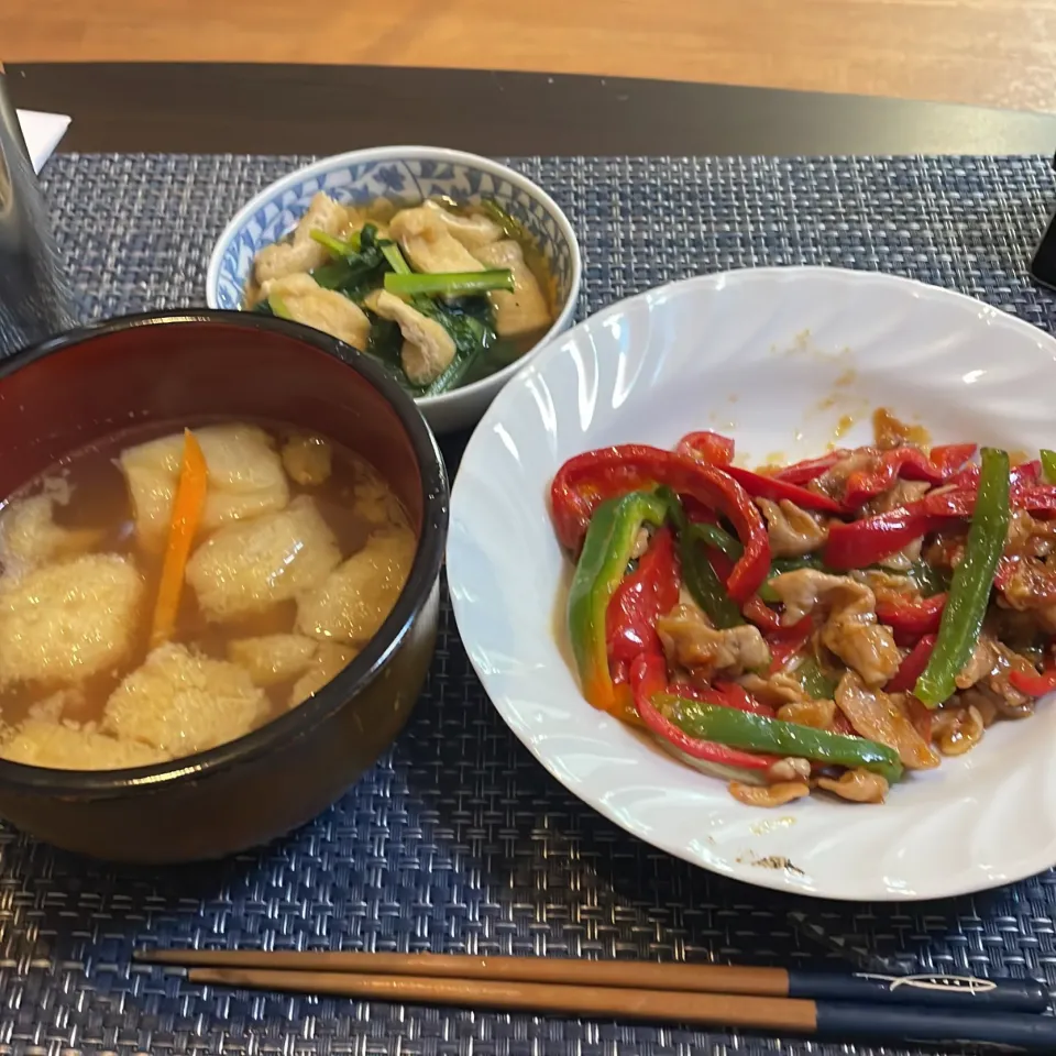 Snapdishの料理写真:青椒肉絲・小松菜の煮浸し・人参とスギタケの味噌汁|a-parkさん