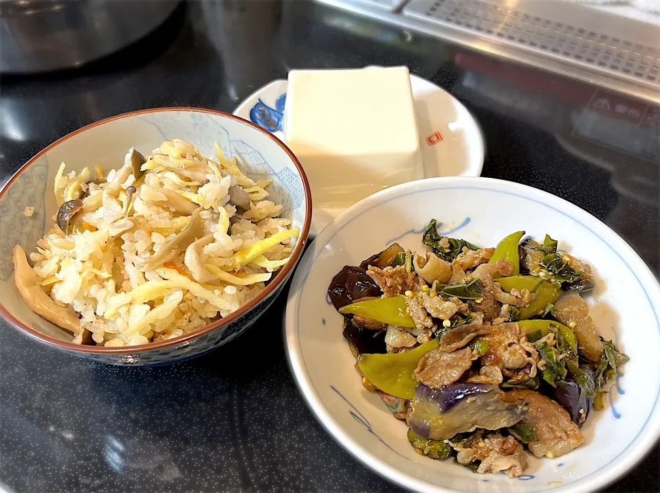 ナスとししとう、豚こまの麺つゆ炒め、まこも筍ときのこの炊き込みご飯、絹豆腐150g|2trois_eさん