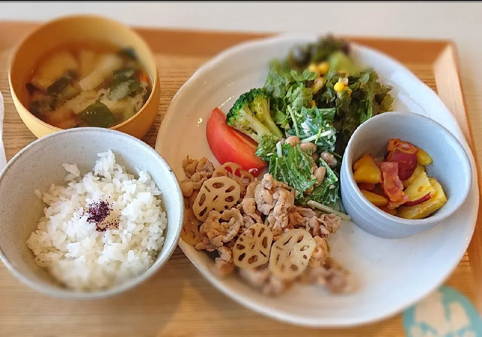 Snapdishの料理写真:レンコンと豚肉の甘辛炒め❤
さつまいもとカボチャの和え物🍠🍠
お味噌汁🍚
サラダ𓌉🥗𓇋|まなみさん