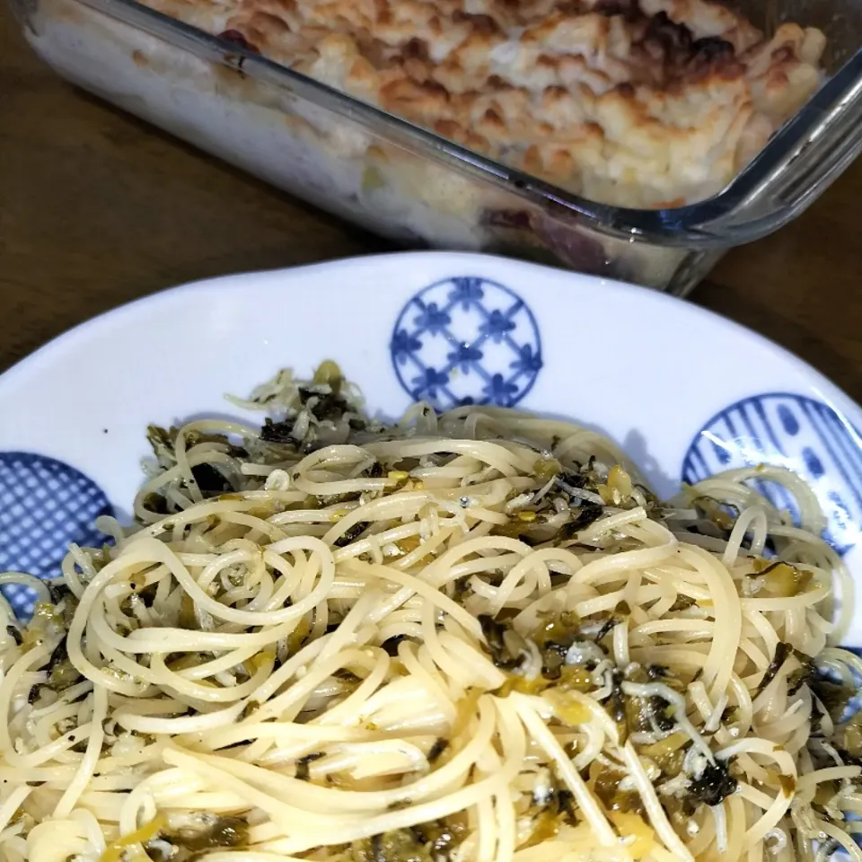 高菜とじゃこのパスタ
とさつま芋を入れたグラタン😄|miimiさん