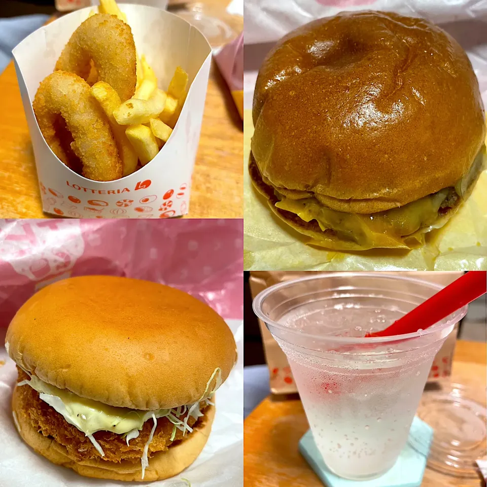 Snapdishの料理写真:明太マヨエビバーガー🦐🍔　　明太マヨ絶品バーガー🍔　　ナタデココ＆セブンアップ🥤　　ポテト🍟オニオンフライ🧅|るみおんさん