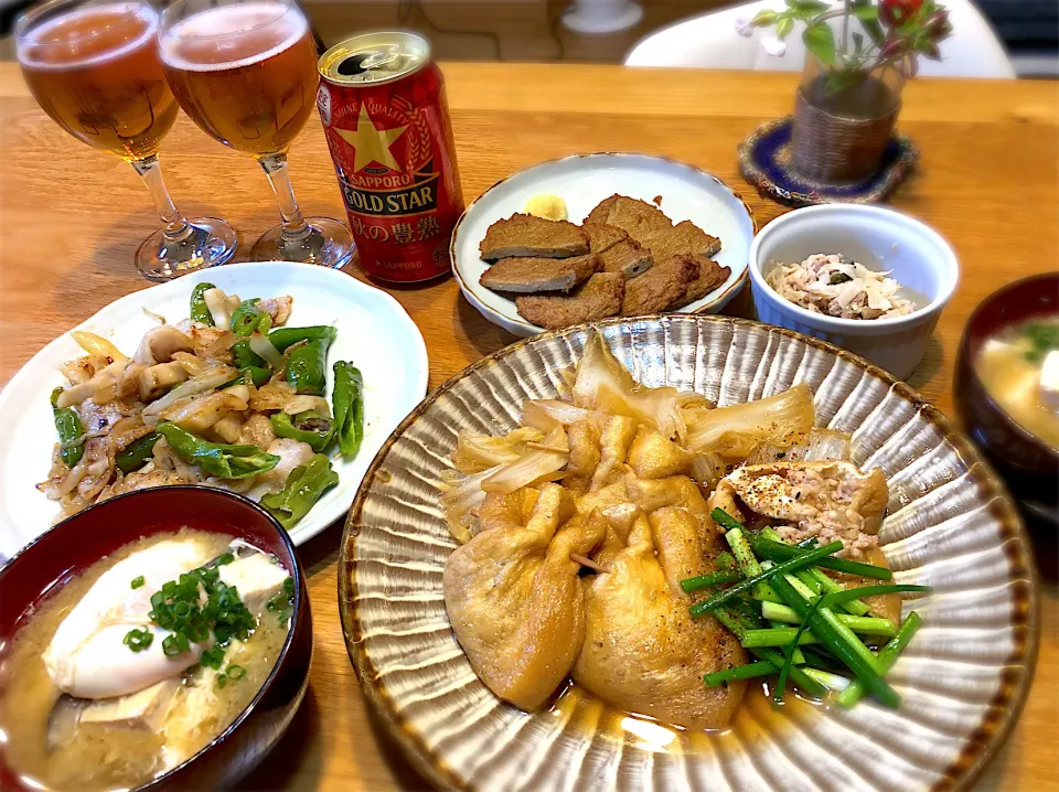 鶏ひき肉の生姜餡入り油揚げの煮込み　豚バラと野菜の中華風炒め|じゅんさんさん