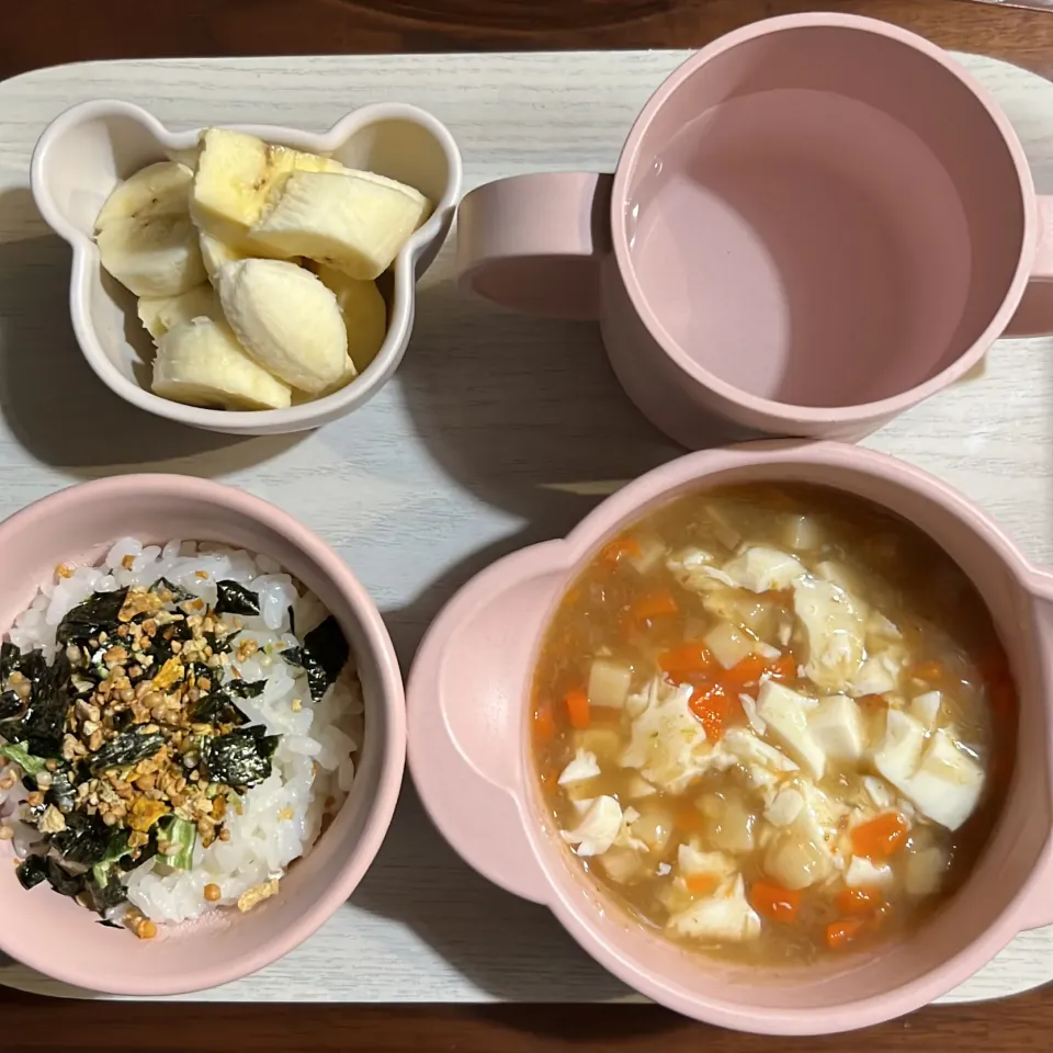 Snapdishの料理写真:和光堂 まぐろと野菜の五目あんかけ豆腐増し、ふりかけごはん、バナナ、湯冷し|km2571さん