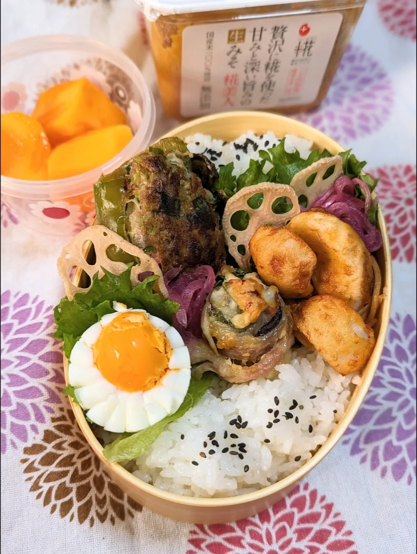 本日のお弁当〜ピーマン餃子と豚肉と茄子のくるくる糀美人焼き弁当|f.1125beさん