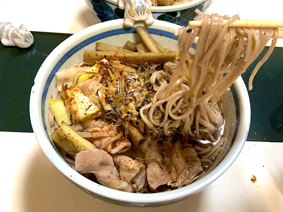 肉ごぼう焼きネギ蕎麦
#木曽御嶽山の蕎麦
#鯖節ぶっかけ
#板麩入り
#焼きネギが決めて|Takeshi  Nagakiさん