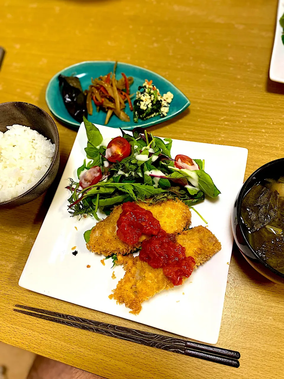 アジフライトマトソース 定食|たっにゃさん