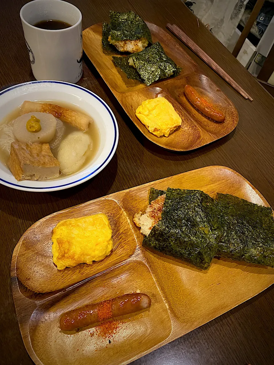 出し巻き卵　焼きソーセージ　焼きおにぎり　おでん　コーヒー|ch＊K*∀o(^^*)♪さん