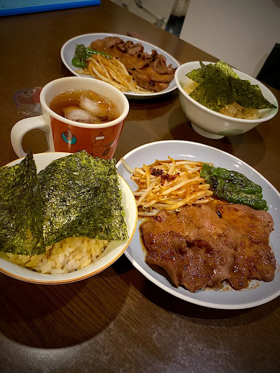 牛タン焼肉　もやし　ピーマンソテー　玄米ごはん　焼き海苔　アイスティー|ch＊K*∀o(^^*)♪さん