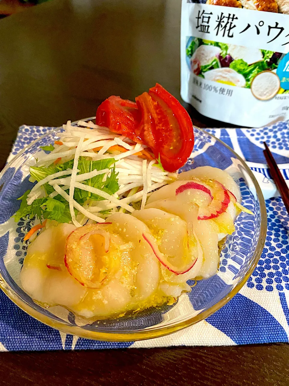 ほたて貝柱カルパッチョサラダ　〜塩糀の粉ドレッシング〜|うさぎぱんさん