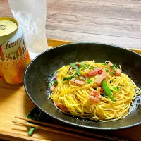 Snapdishの料理写真:ベーコンしらすとネギのペペロンチーノ|naruさん