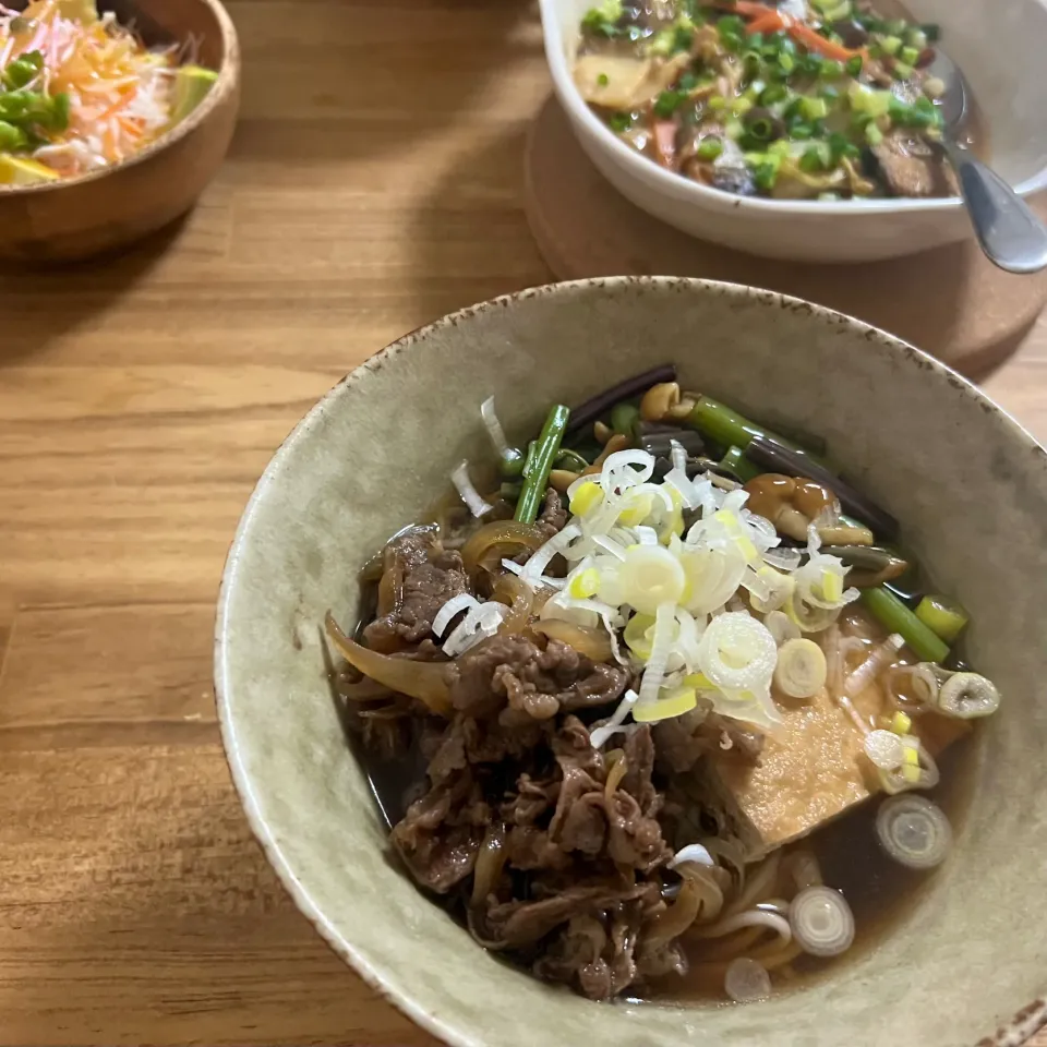 あったか山菜肉蕎麦、鯖と白菜の味噌煮、千切りキャベツサラダ|fuyamaさん