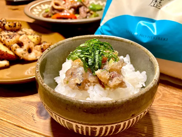 Snapdishの料理・レシピ写真:新米の青天の霹靂にアジのなめろう 🐟🍚｜秋だ！旨いぞ！「青天の霹靂」新米パラダイス