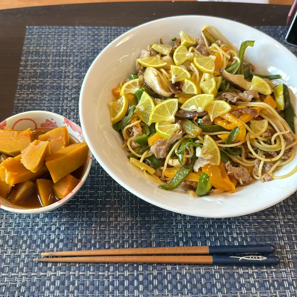 野菜とすだちのカラフルパスタ・かぼちゃの煮物|a-parkさん