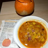 Snapdishの料理写真:Halloween pumpkin, leek & bean soup (Morning Star Commie Chef recipe)|Nick Hiderさん