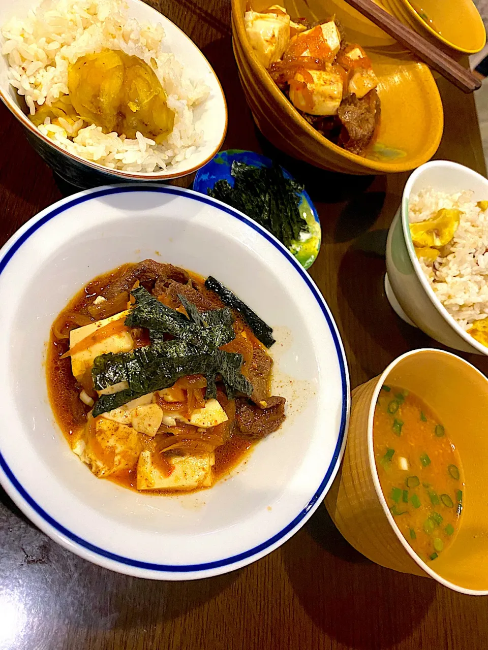 牛肉豆腐　じゃがいものお味噌汁　栗ご飯|ch＊K*∀o(^^*)♪さん