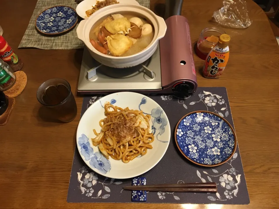 焼きうどん、おでん、沢庵、六条麦茶(昼飯)|enarinさん