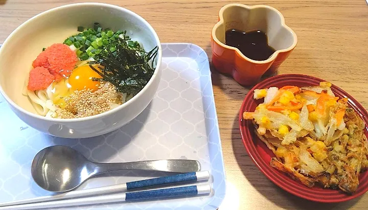 明太釜玉うどん・かき揚げ|さゆさん