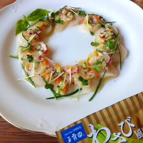 「わさび風味 こんぶ茶」を使ってみたSnapdishの料理・レシピ写真:わさび風味のこんぶ茶で🎶
ホタテのカルパッチョです💖