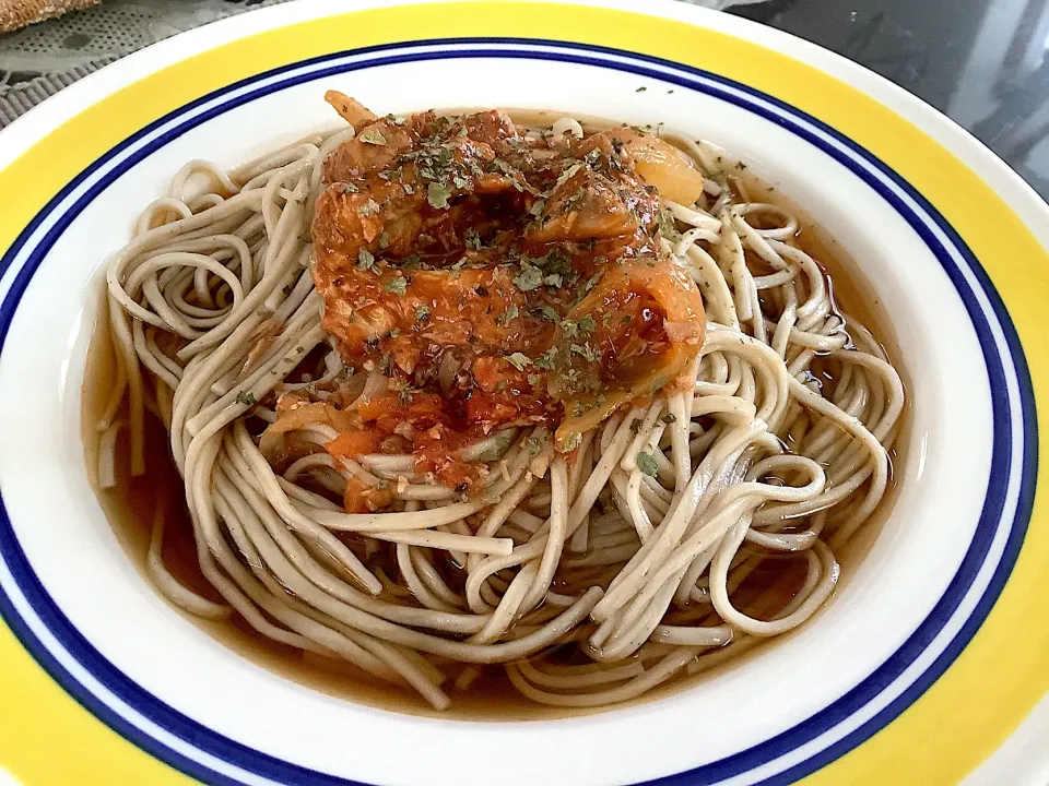 トマト🍅蕎麦😋(サバ缶入り)🐟|アライさんさん