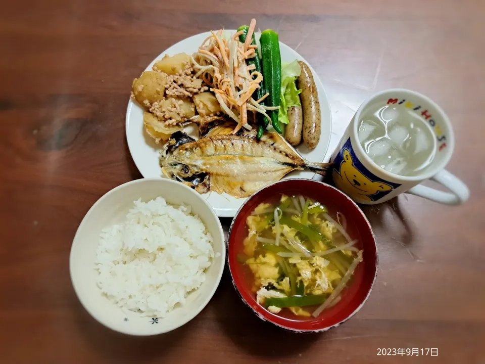 2023年9月17日の晩ご飯
アジの開き
豚挽肉とじゃがいものニモの
ごぼうサラダ
オクラの煮浸し
ウインナー
にらともやしのかきたま汁
焼酎水割り|ソラ♂のご飯さん