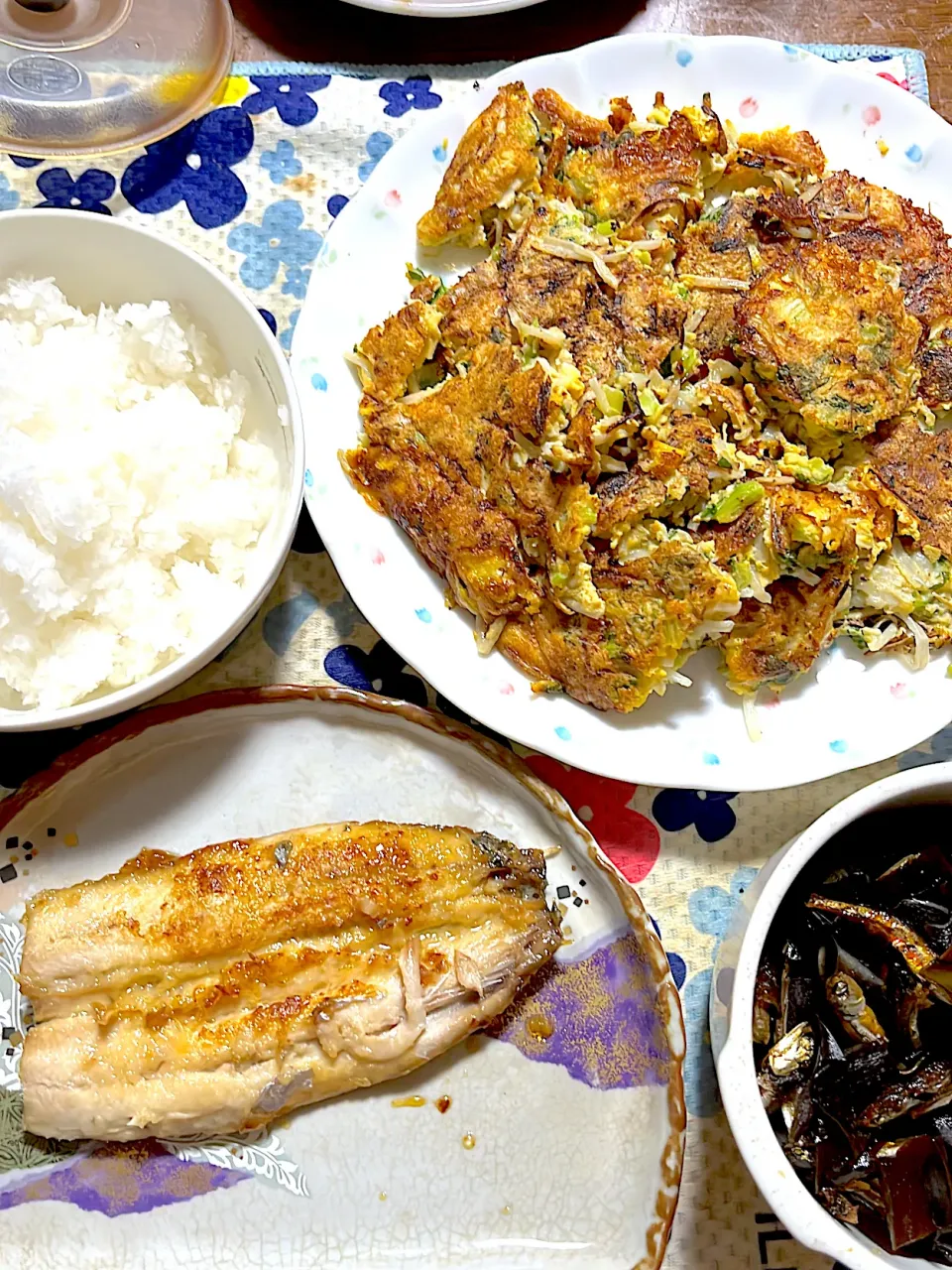 鰯の蒲焼き　昆布の佃煮　もやしチヂミ　大根おろし|4jinoanataさん