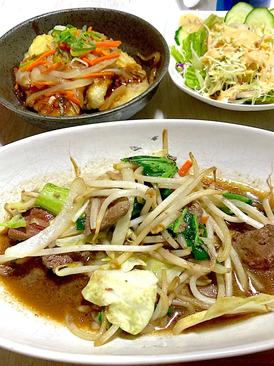 レバニラ炒め、さつまいも天の野菜あんかけ、ミックスサラダ|Ayaさん