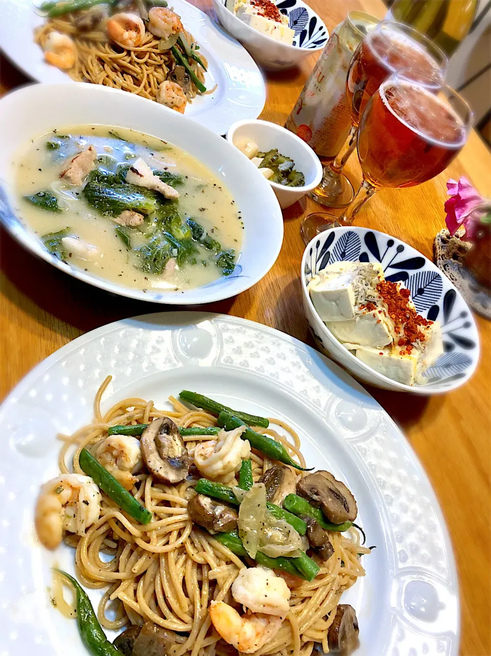 海老とマッシュルームの全粒粉パスタ　豚ロース肉と白菜菜のクリーム煮　豆腐のシラスチーズがけ　etc|じゅんさんさん