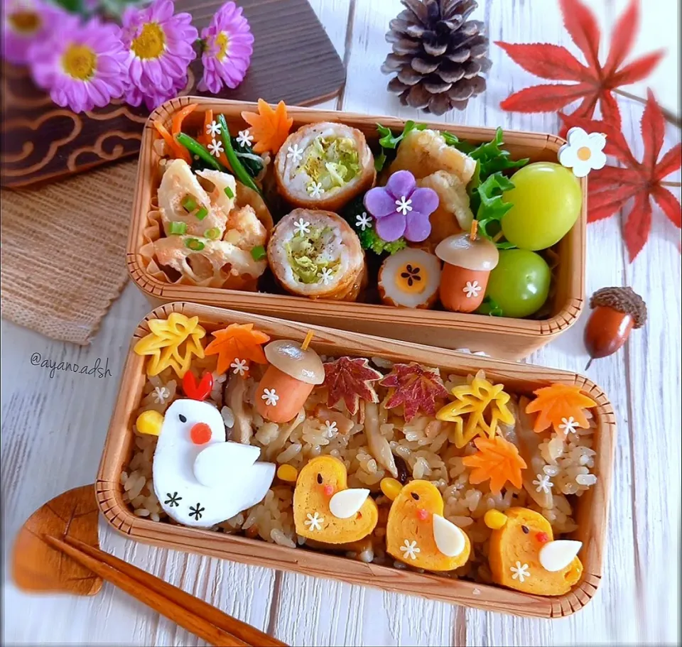 🍁🐔🐤きのことベーコンの炊き込みご飯🍄
ニワトリ親子の秋お散歩弁当|ayano.adshさん