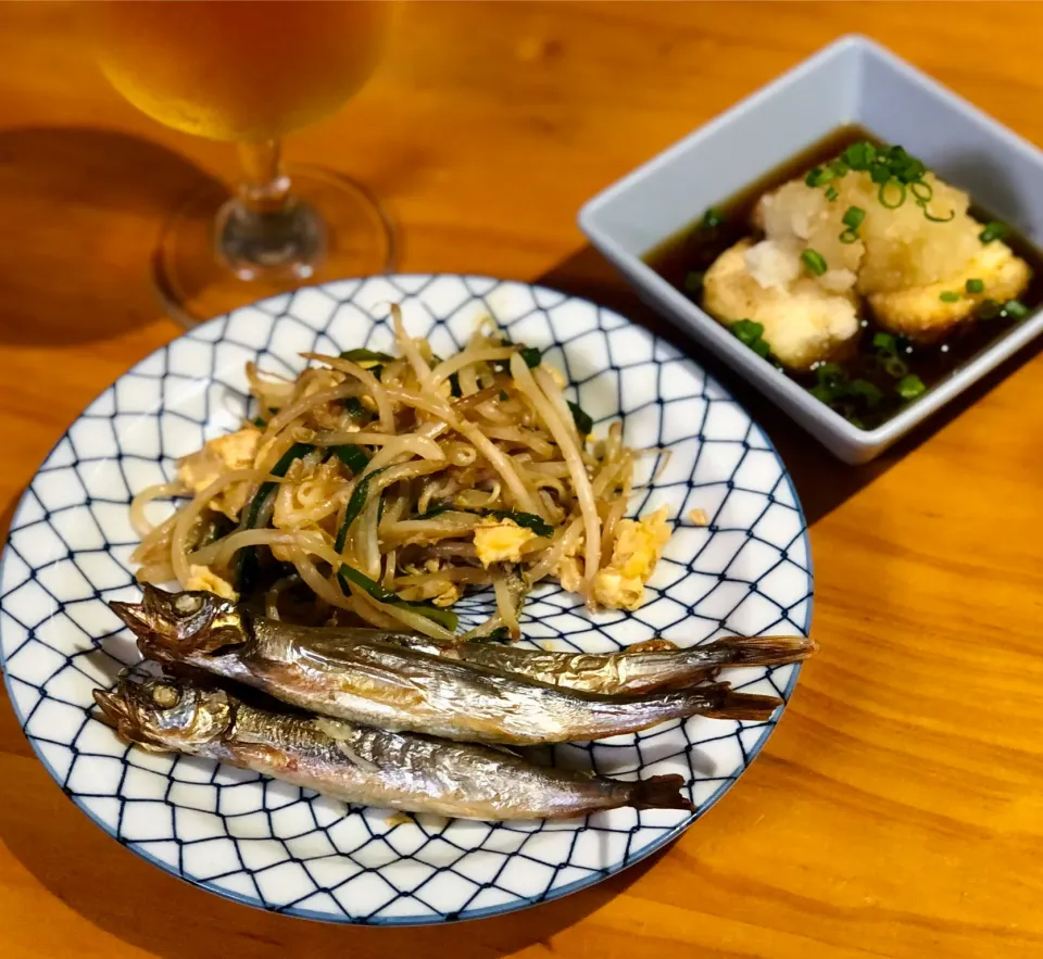 焼きししゃも、ニラたまもやし、揚げ出し豆腐|マユマユさん