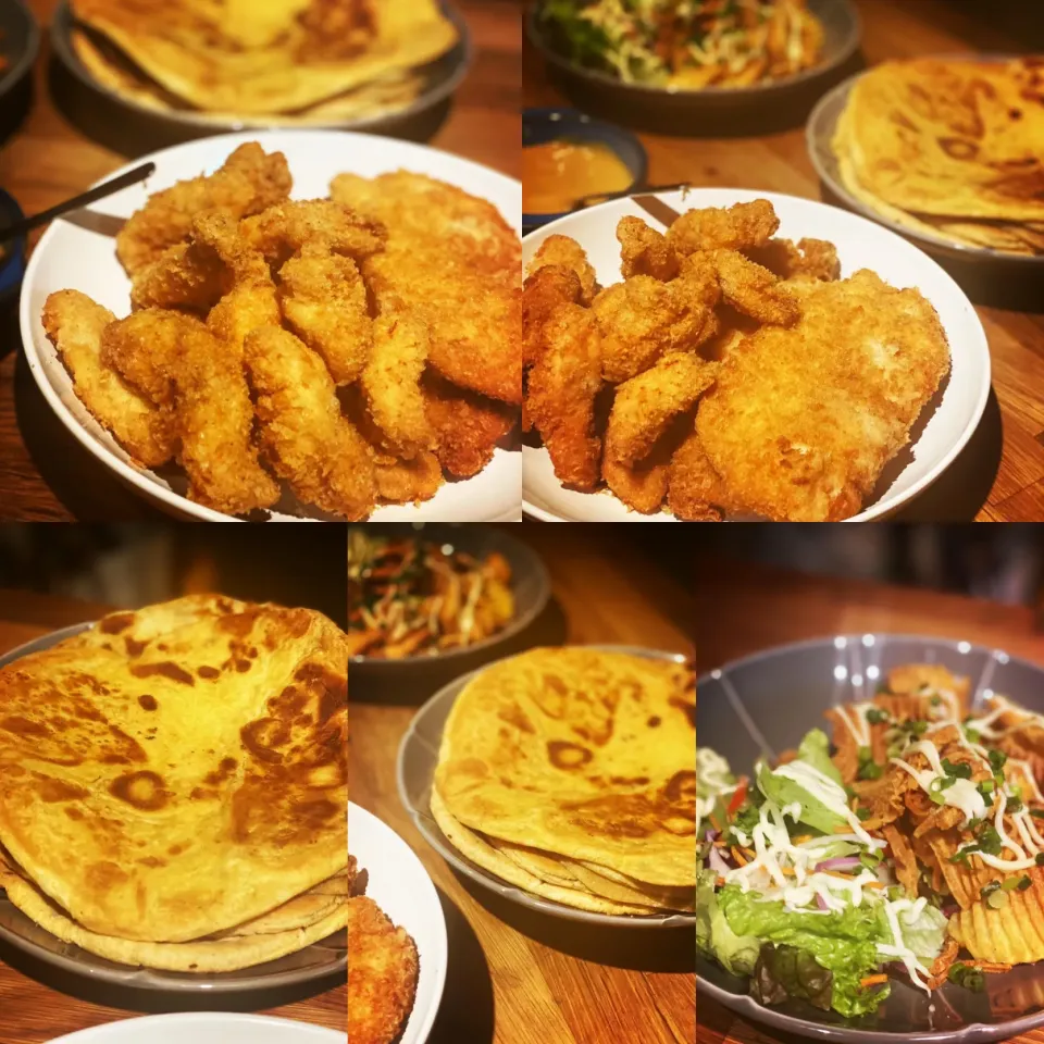 Snapdishの料理写真:Dinner ! Dinner ! 
Parmesan Breaded Fried Chicken Breast & Chicken Goujons  with Sweet Potato Chips &  Homemade Curry Roti 
#curryroti #sweetpotatochips #chicke|Emanuel Hayashiさん