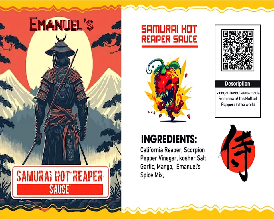 My new Samurai California Reaper Hot sauce is just about ready ! Too Triple blend and Pasteurize and then bottle up ready for you guys this will be the label si|Emanuel Hayashiさん