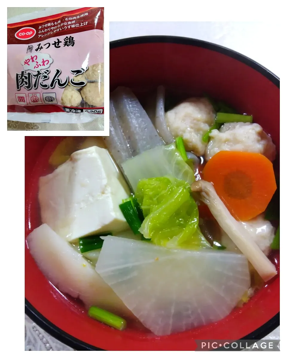 Snapdishの料理写真:生協の肉団子で鍋🍲😋
*肉団子、はんぺん、木綿豆腐、大根、人参、
白菜、青ネギ、エリンギ残り、生協生芋蒟蒻。
味付けはだし道楽です😌☺️|m.rafuさん