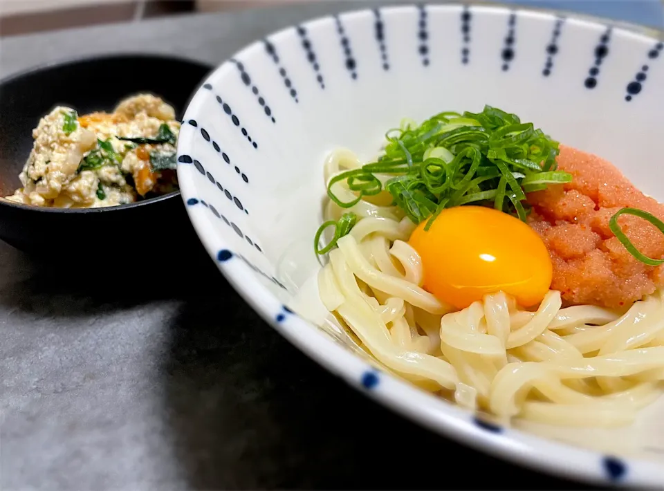 釜玉明太うどん、柿と蓮根の白和え|さっちんさん