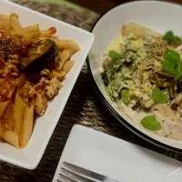 白菜とキノコのシーザーグリルサラダとナスと胸ひき肉のアラビアータ|honaさん