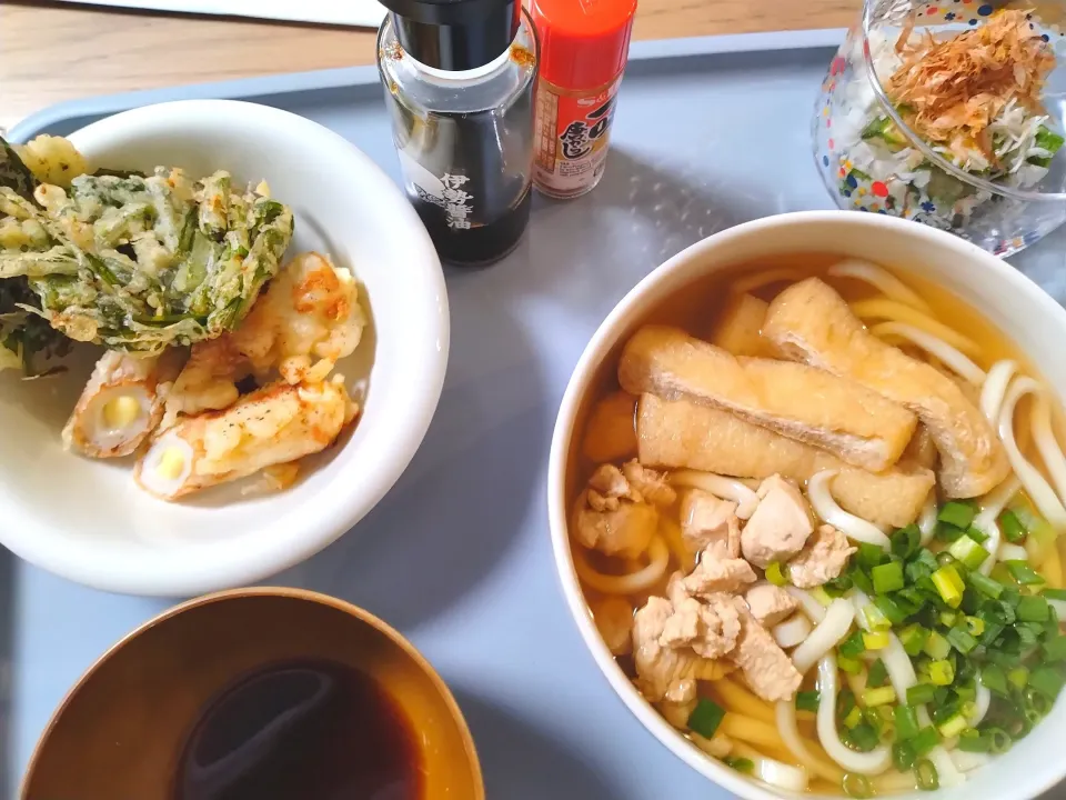 鶏うどん
春菊の天ぷら　ちーちく天
オクラおろしじゃこ|さゆさん