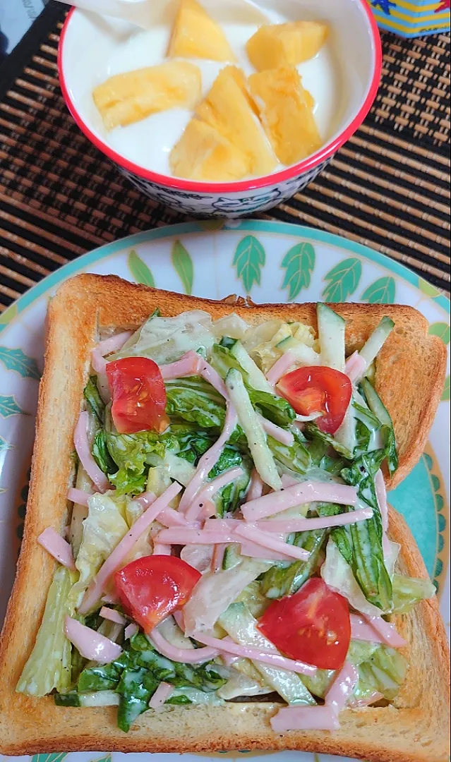 ☀️朝ご飯☀️
レタスハムキュウリのフレンチドレッシング和えオープンサンド
ヨーグルト|ポチさん