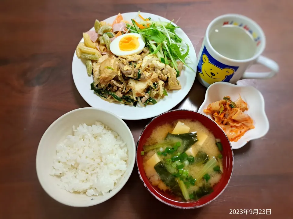 2023年9月23日の晩ご飯
チャンプルー
マカロニサラダ
野菜サラダ
小松菜と豆腐のお味噌汁
焼酎水割り|ソラ♂のご飯さん