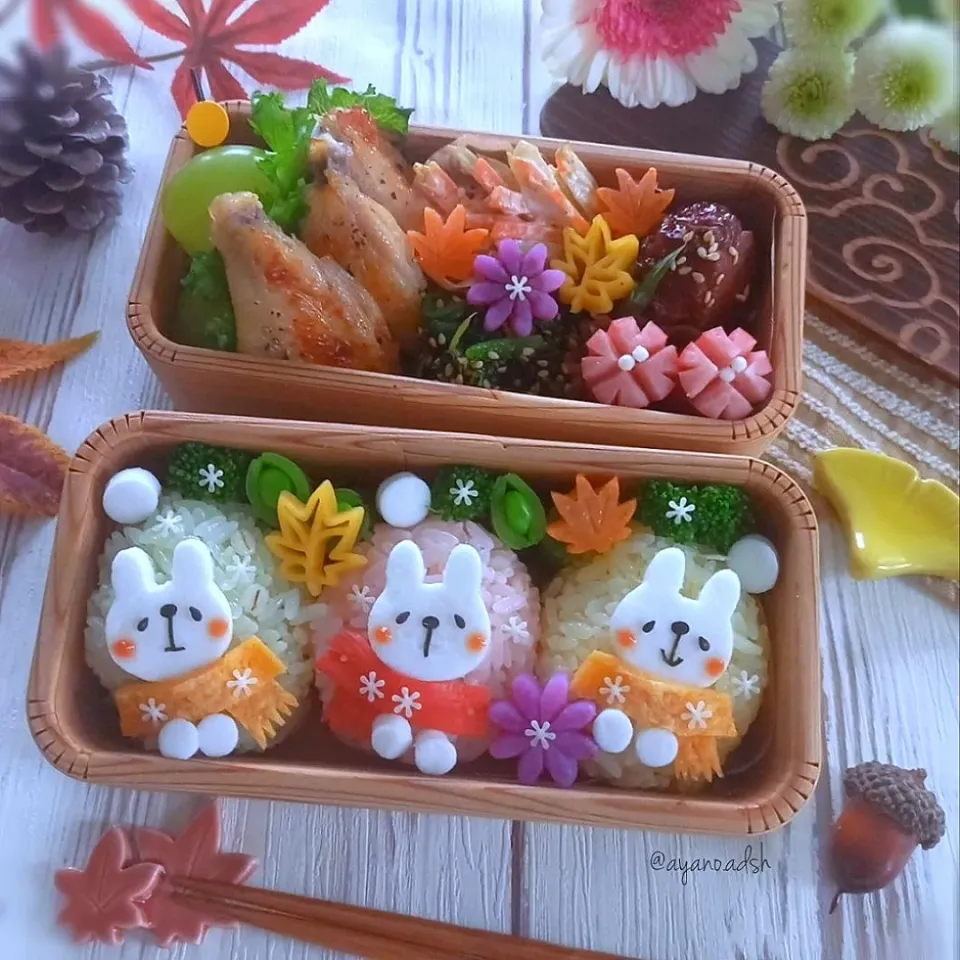 🍁冬支度のうさぎさん🐰
マフラーして🧣
うさぎおにぎりの秋弁当🍁|ayano.adshさん