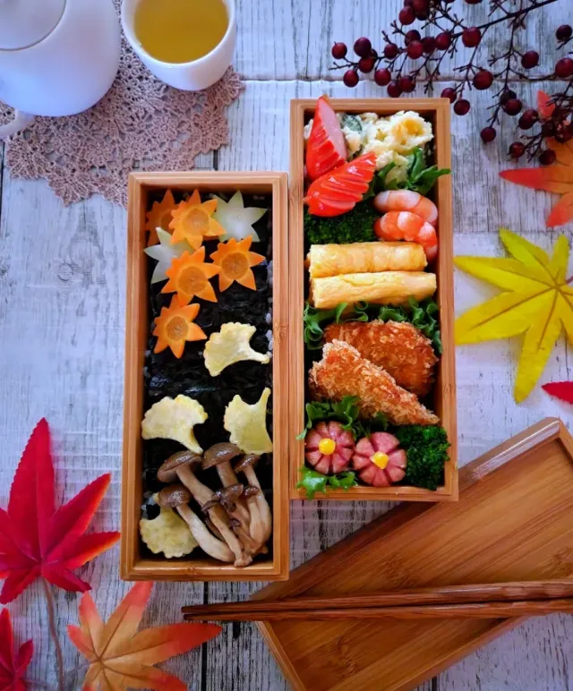 Snapdishの料理・レシピ写真:秋の紅葉海苔弁当｜秋の彩りお弁当