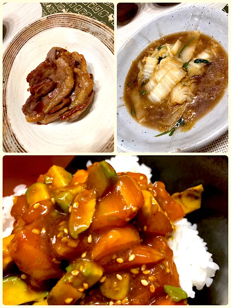 夫のサーモンアボカド丼、猪肉の焼肉、白菜煮|amiさん