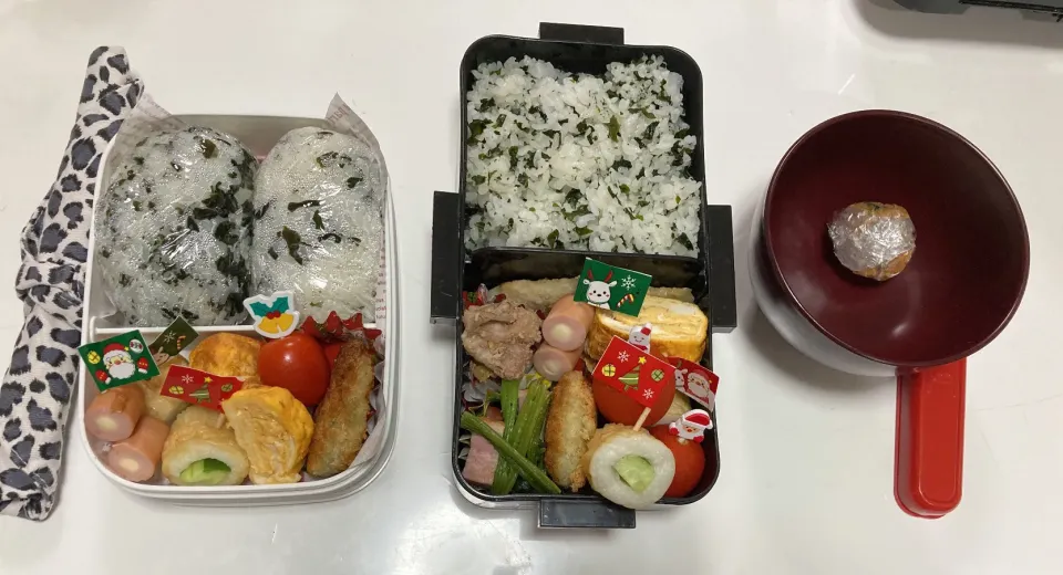 パパ弁と中1男子弁当☆ちくわ胡瓜☆チーズinソーセージ☆卵焼き☆プチトマト☆のり塩チキン☆ほうれん草とベーコン炒め（パパ弁）☆煮物（パパ弁）☆さわらの西京焼き（パパ弁）☆みそ玉（パパ弁）|Saharaさん