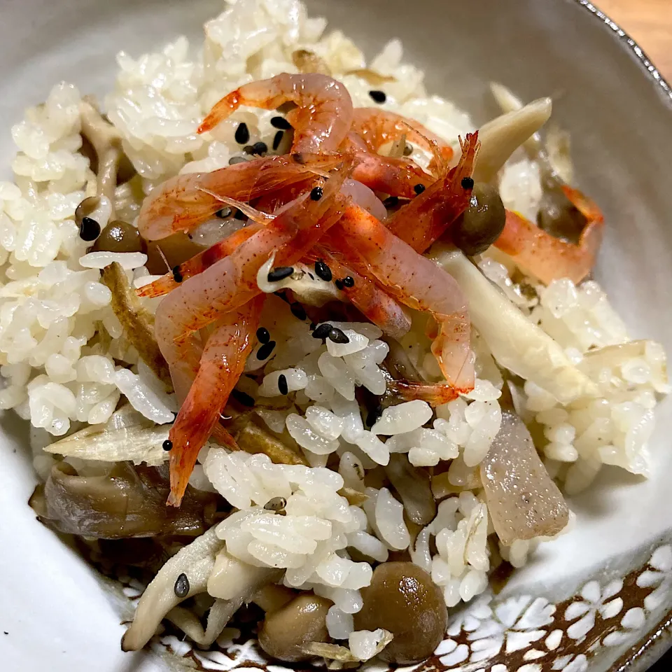 Snapdishの料理写真:ごぼうときのこの炊き込みご飯　生桜海老のせ🦐|ももさん