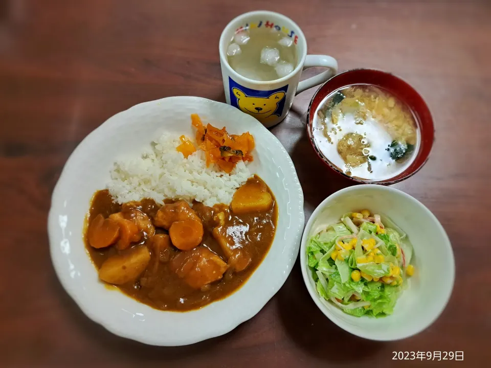 2023年9月29日の晩ご飯
チキンカレーライス
レタスとカニかまのサラダ
かきたま汁
焼酎水割り|ソラ♂のご飯さん