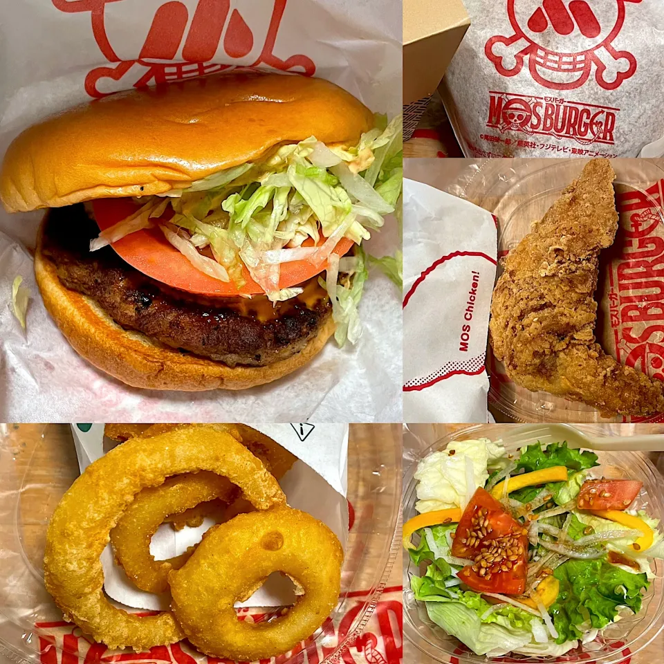 Snapdishの料理写真:モス野菜バーガー🍔　　モスチキン🍗　　オニオンフライ🧅🍟　こだわりサラダ🥗|るみおんさん